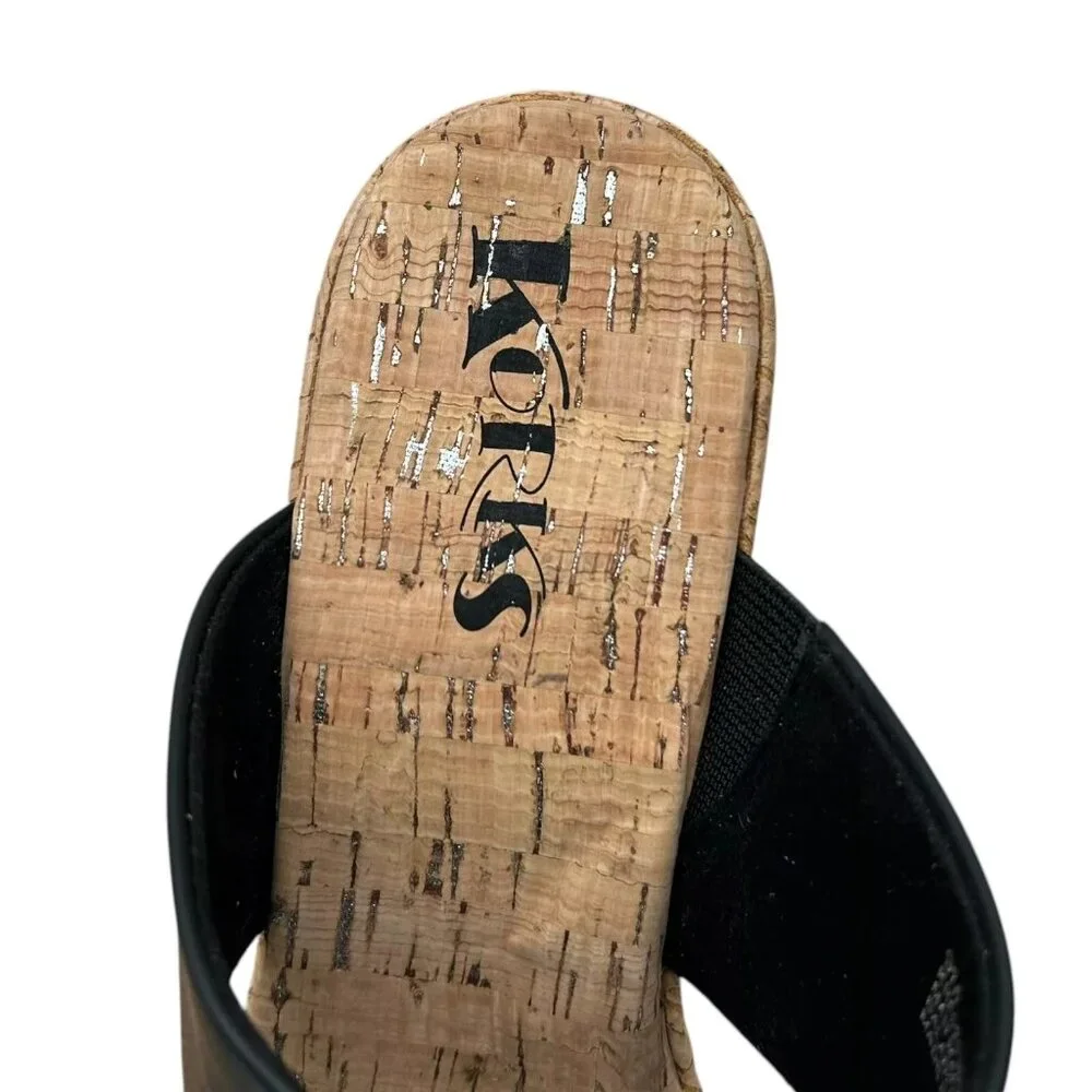 Korks Dezi Womens Cork Platform Sandal Size 9 Black/Tan Strappy Style Block Heel